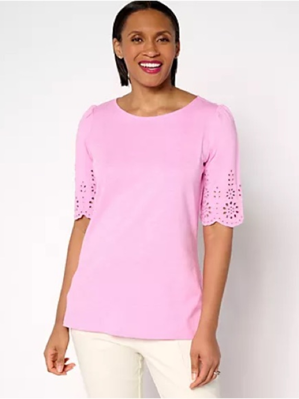 Belle by Kim Gravel Slub Knit Scallop Sleeve Boatneck Top